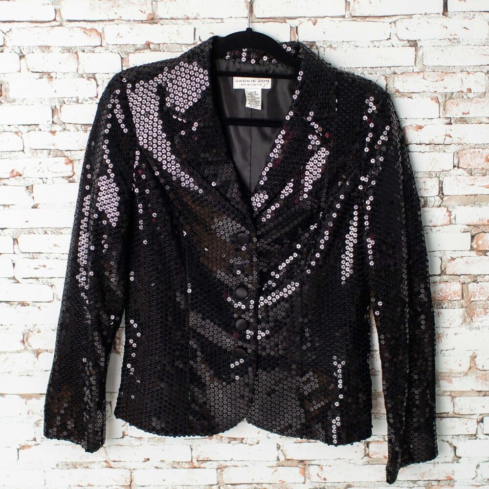 Vintage Jackie Jon New York Black Sequin Blazer Jacket Women’s 10 Party Evening